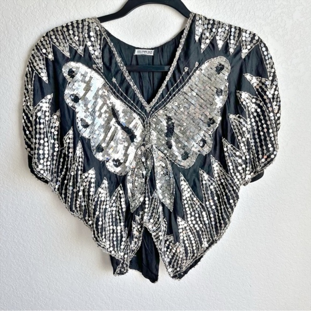 100% silk black top with silver butterfly sequin design